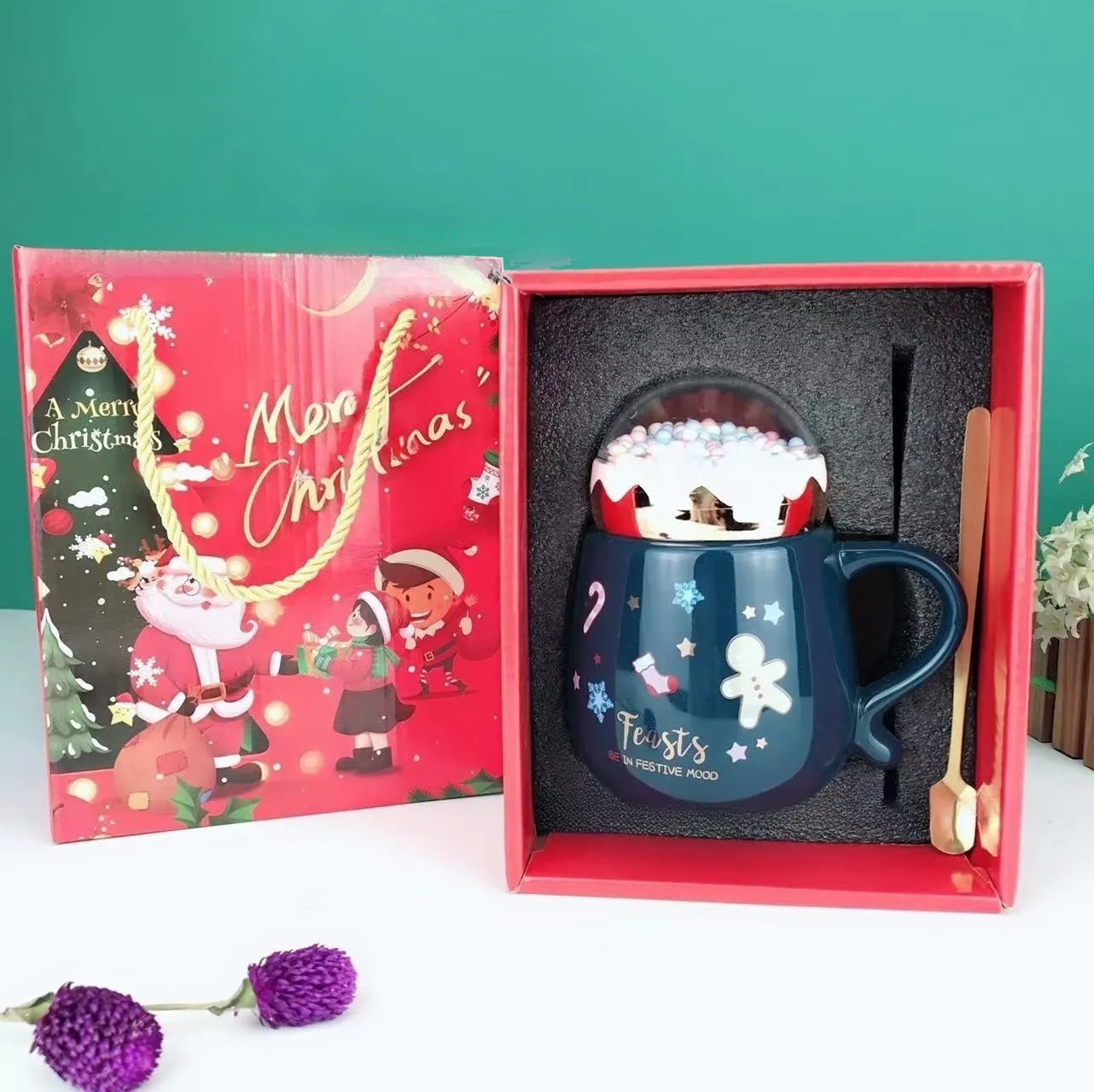 Christmas Mug Gift Set – Ceramic Cup with Lid & Spoon in Xmas Box