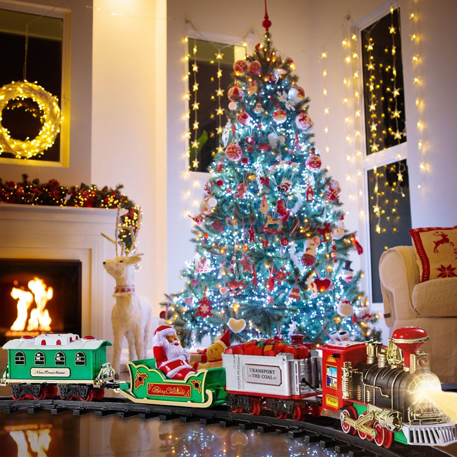Electric Christmas Train Set – Battery Steam Train with Sound & Light