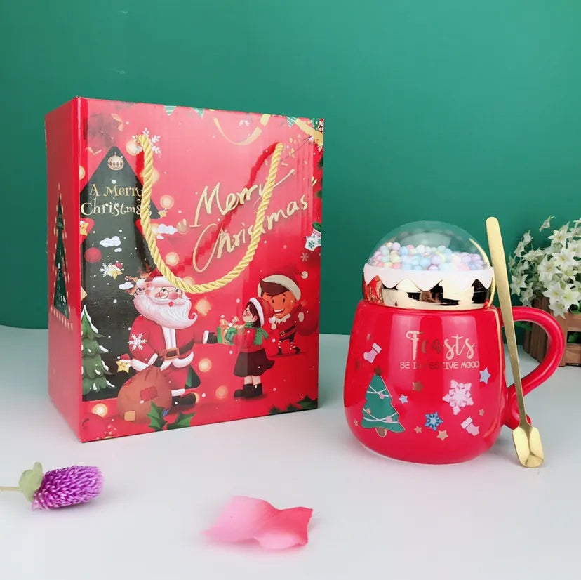 Christmas Mug Gift Set – Ceramic Cup with Lid & Spoon in Xmas Box