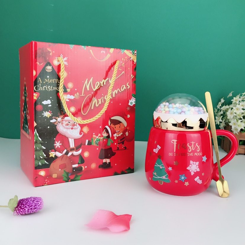 Christmas Mug Gift Set – Ceramic Cup with Lid & Spoon in Xmas Box