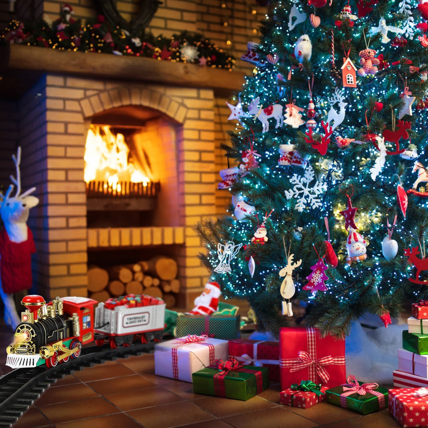 Electric Christmas Train Set – Battery Steam Train with Sound & Light