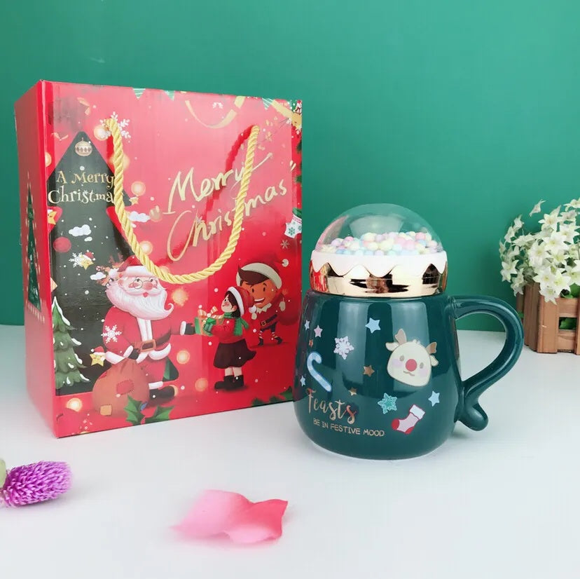 Christmas Mug Gift Set – Ceramic Cup with Lid & Spoon in Xmas Box